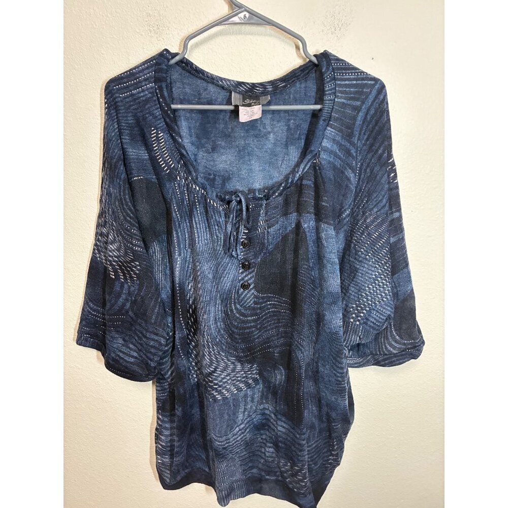 VTG Slinky Brand Oversized Blouse Knit Blue Granny Size 2XL